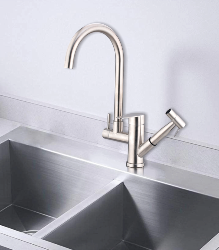 Single Lever Mixer for Kitchen Sink with centre lever movable spout with health faucet (table mounted )